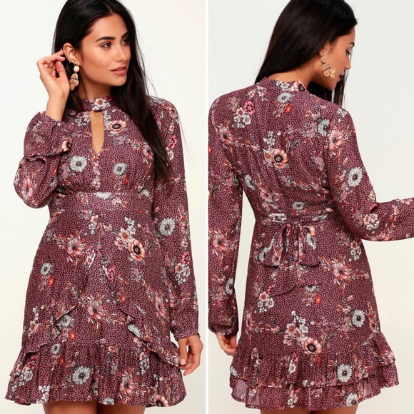 PURPLE FLORAL PRINT LONG SLEEVE DRESS - Picture 2 of 3